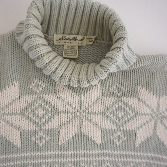 Vintage Eddie Bauer Sage & White 100% Cotton Snowflakes Turtleneck Sweater M - Picture 11 of 11